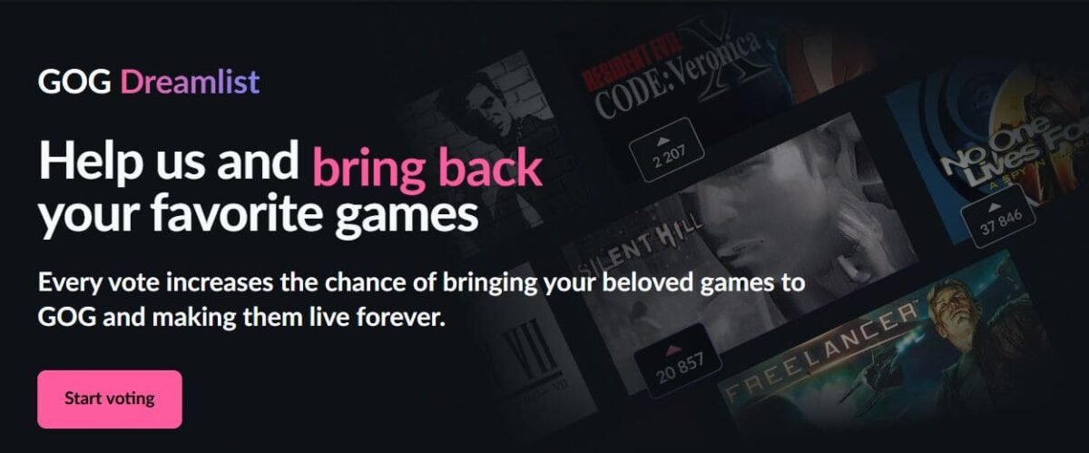 GOG Dreamlist banner encouraging users to vote to bring classic games back to the platform
