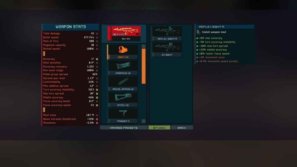 Intravenous II weapon loadout screen showing the AN-94 rifle with various attachments available for customization.