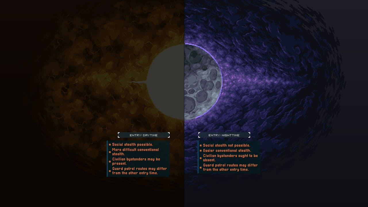 Intravenous II mission entry time selection screen showing options for different times of day with their advantages and drawbacks listed.
