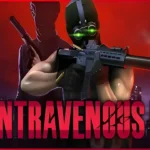 Intravenous II game cover featuring a mercenary firing a rifle with another figure holding a suppressed pistol in the background, face obscured.