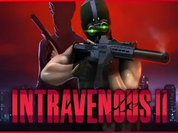 Intravenous II game cover featuring a mercenary firing a rifle with another figure holding a suppressed pistol in the background, face obscured.