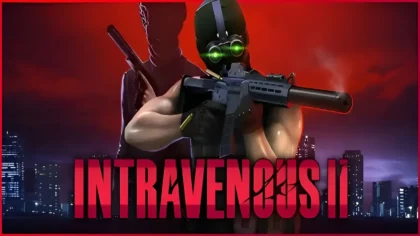 Intravenous II game cover featuring a mercenary firing a rifle with another figure holding a suppressed pistol in the background, face obscured.