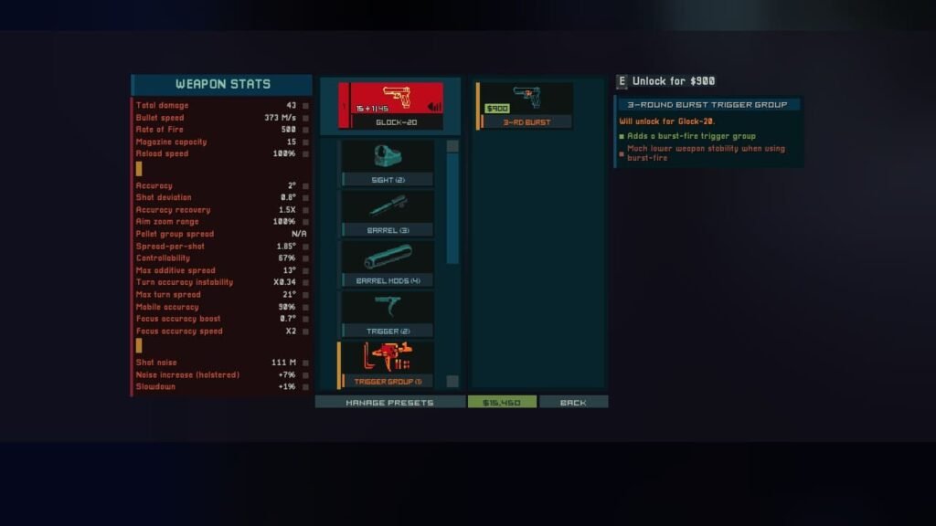 Intravenous II weapon customization screen showing the Glock 20 pistol with trigger upgrades including 3-round burst mode.