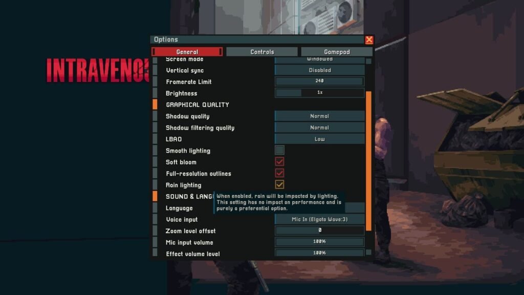Intravenous II graphics settings menu showing options like LBAO, Soft Bloom, Rain Lighting, and more.