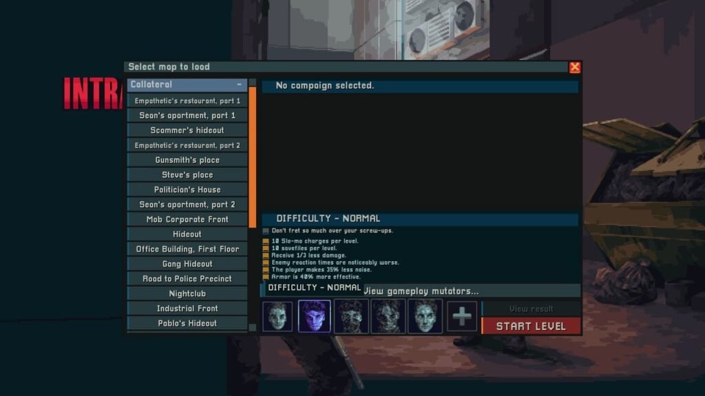 Intravenous II map menu displaying mission selection alongside difficulty options and their gameplay differences.