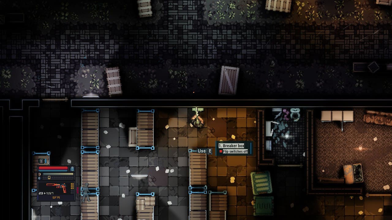In-game screenshot of Sean interacting with a breaker box to turn off the lights in a darkened area.