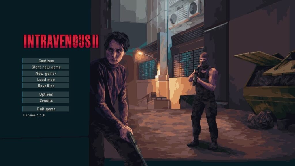 Sean takes cover against a wall holding a pistol, with a figure wearing a balaclava and rifle behind him; main menu options visible on screen.