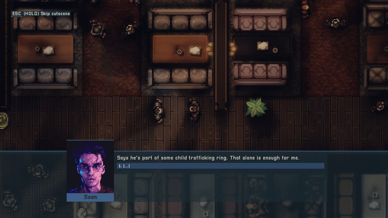 Cutscene from Intravenous II showing Sean speaking about a child trafficking ring, with dialogue text visible on screen.