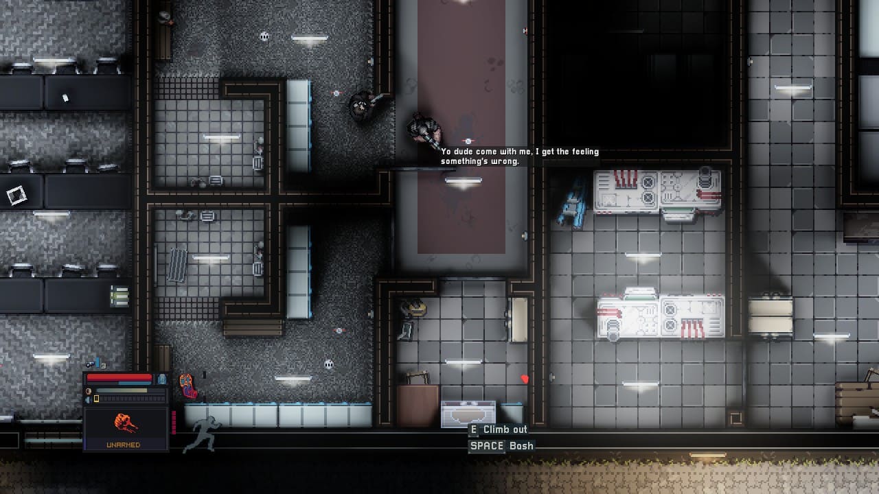 Sean hiding in a closet while two guards search nearby; one guard says, “Yo dude come with me, I get the feeling something is wrong.”