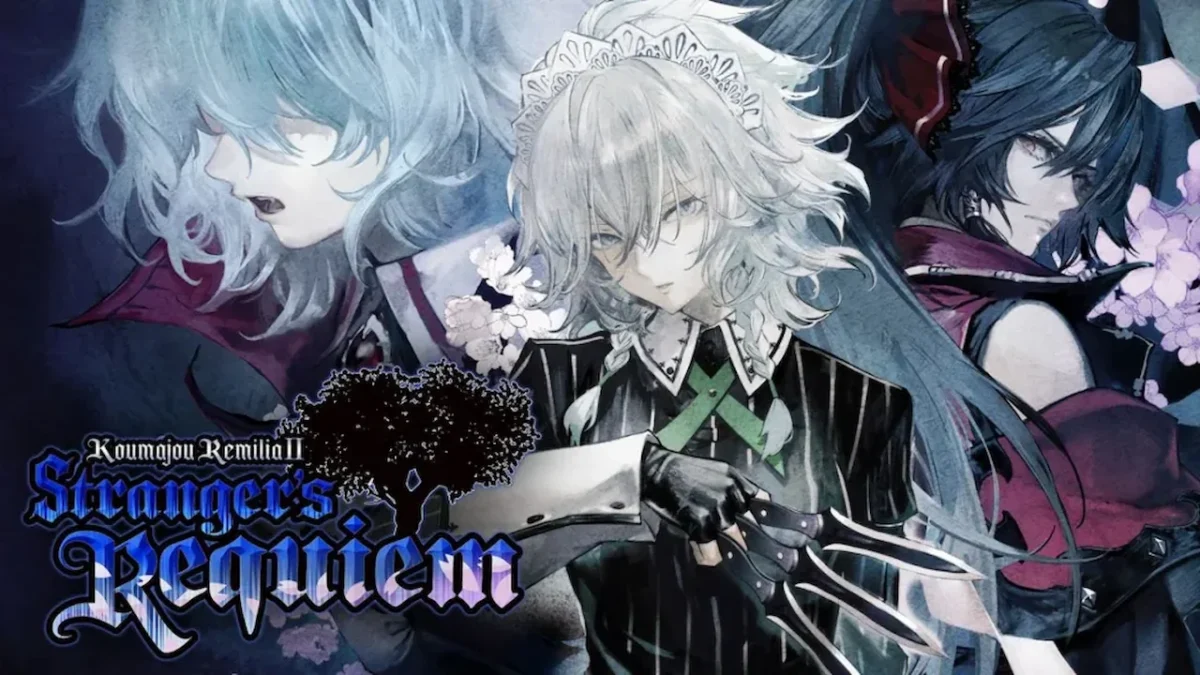 Koumajou Densetsu II cover art showing Sakuya with three knives, Remilia on the left, Reimu on the right, and the blue and white game logo.