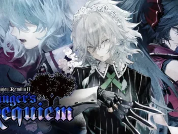 Koumajou Densetsu II cover art showing Sakuya with three knives, Remilia on the left, Reimu on the right, and the blue and white game logo.