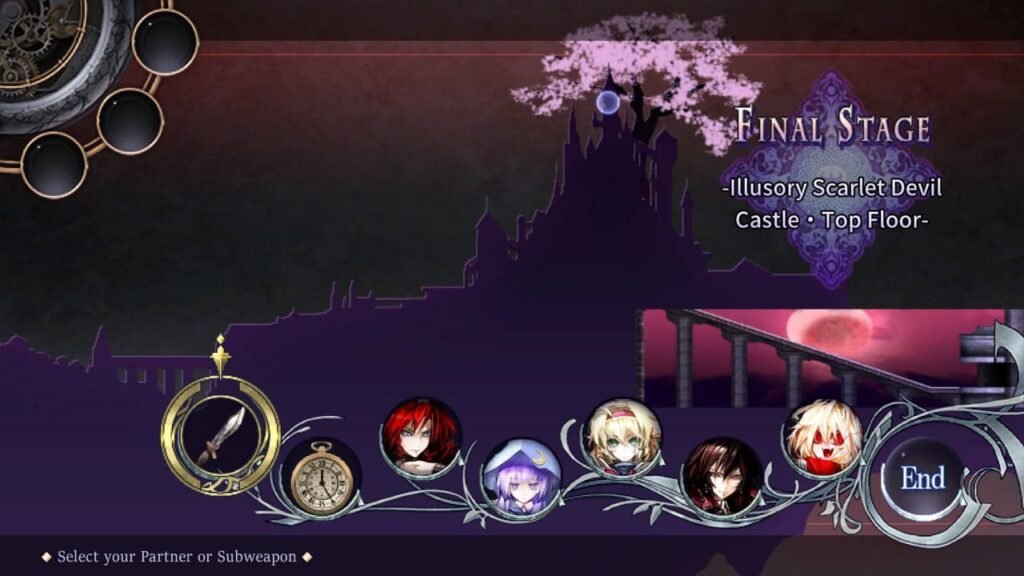 Final Stage selection screen showing subweapons and partners obtained