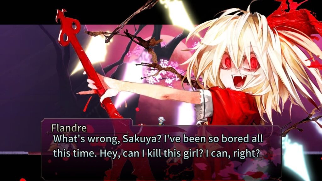 Close-up of Flandre's new design in Koumajou Densetsu II with yandere expression and dialogue