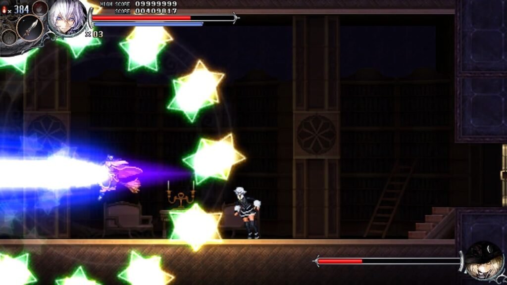 Boss fight against Marisa unleashing bullet hell stars and a giant energy beam