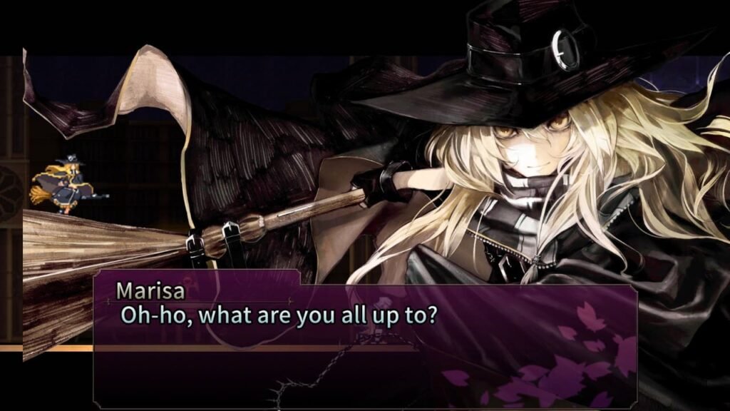 Close-up portrait of Marisa saying "Oh-ho, what are you all up to?" in Koumajou Densetsu II