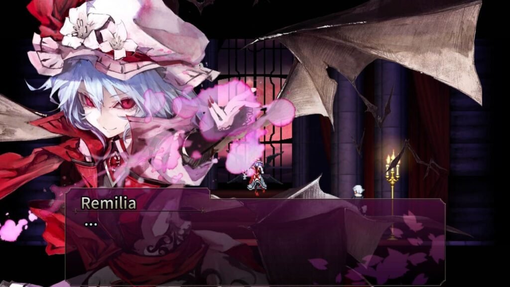 Close-up of Remilia Scarlet with a silent, contemplative expression in Koumajou Densetsu II