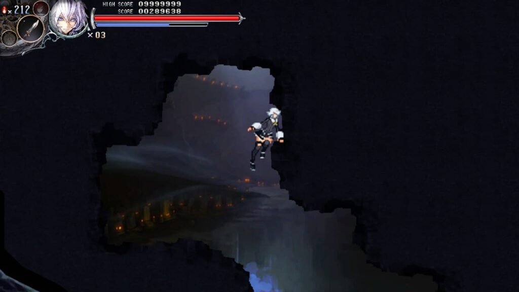 Sakuya floating using MP energy in Koumajou Densetsu II gameplay