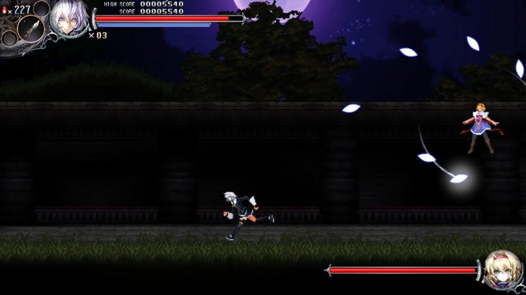 Sakuya battles Alice in a boss fight filled with ice-themed bullet hell attacks in Koumajou Densetsu II