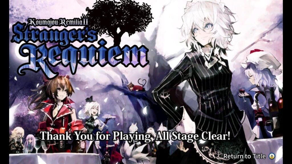 Clear screen showing Sakuya, Reimu, and Remilia with Youmu smiling behind them and the message "Thank you for playing all stage clear!"