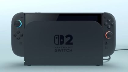 Nintendo Switch 2 console seated in its dock with Joy-Con controllers attached.