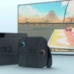 Nintendo Switch 2 console with dock and Joy-Con controllers shown in TV mode gameplay.