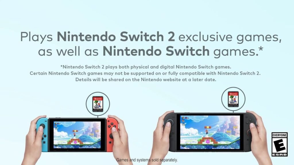 Two consoles showing gameplay highlighting Nintendo Switch 2 compatibility with original Switch games.