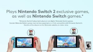 Two consoles showing gameplay highlighting Nintendo Switch 2 compatibility with original Switch games.