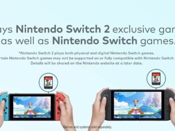 Two consoles showing gameplay highlighting Nintendo Switch 2 compatibility with original Switch games.