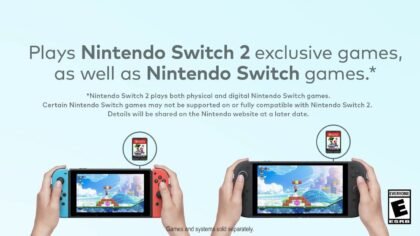 Two consoles showing gameplay highlighting Nintendo Switch 2 compatibility with original Switch games.