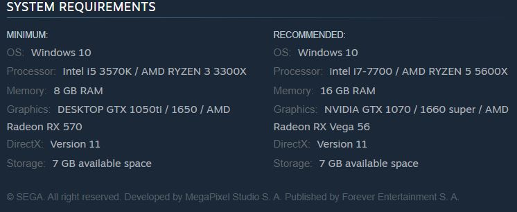 System Requirements for THOTD2 Remake on PC via Steam.