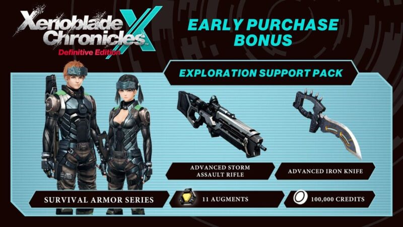 Xenoblade Chronicles X early purchase bonus graphic detailing the Exploration Support Pack with survival armor, weapons, and credits.