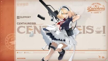 Official character splash art for Centaureissi (G36) from our Centaureissi GFL2 guide showing her Zucchero Cafe maid design.