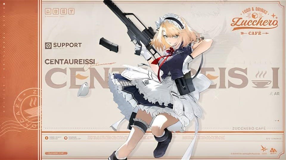 Official character splash art for Centaureissi (G36) from our Centaureissi GFL2 guide showing her Zucchero Cafe maid design.