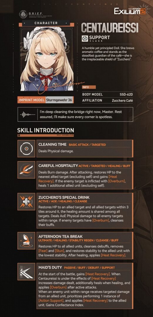 Technical skill breakdown for the Centaureissi GFL2 guide detailing G36's Burn healing and team cleansing abilities.