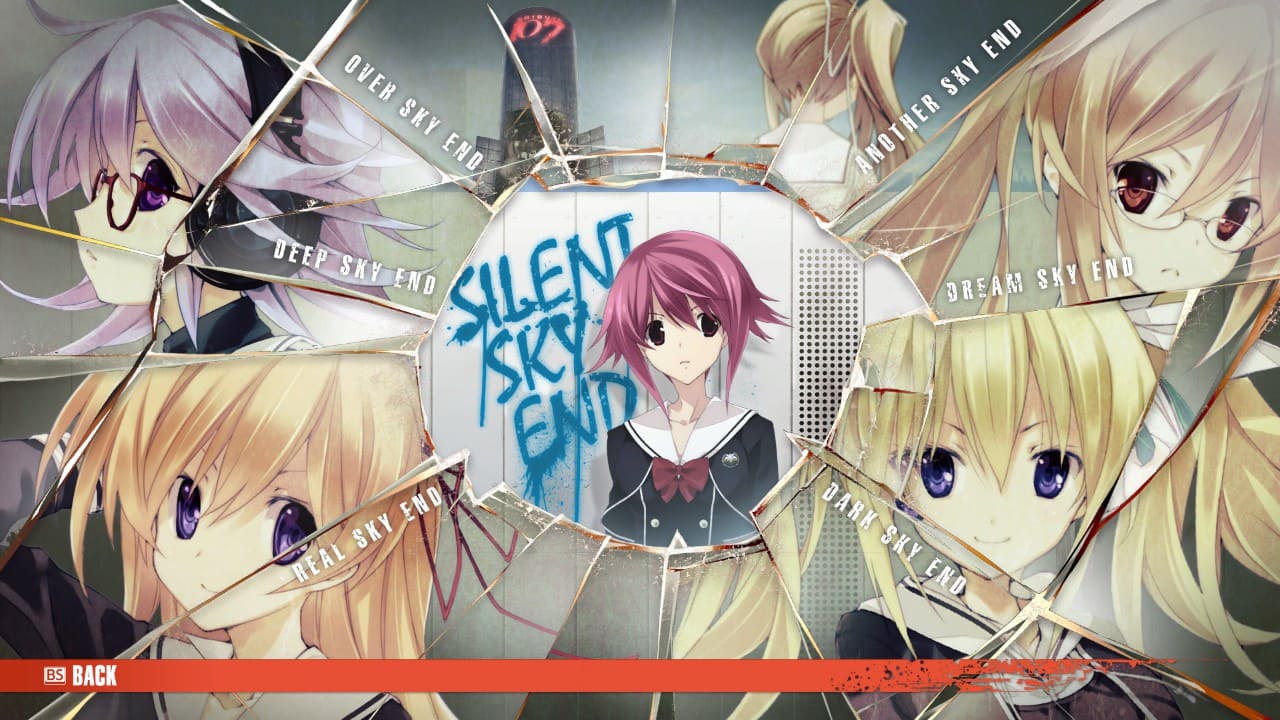 Chaos;Child completion screen showing all female route names, including Silent Sky, indicating every route cleared.