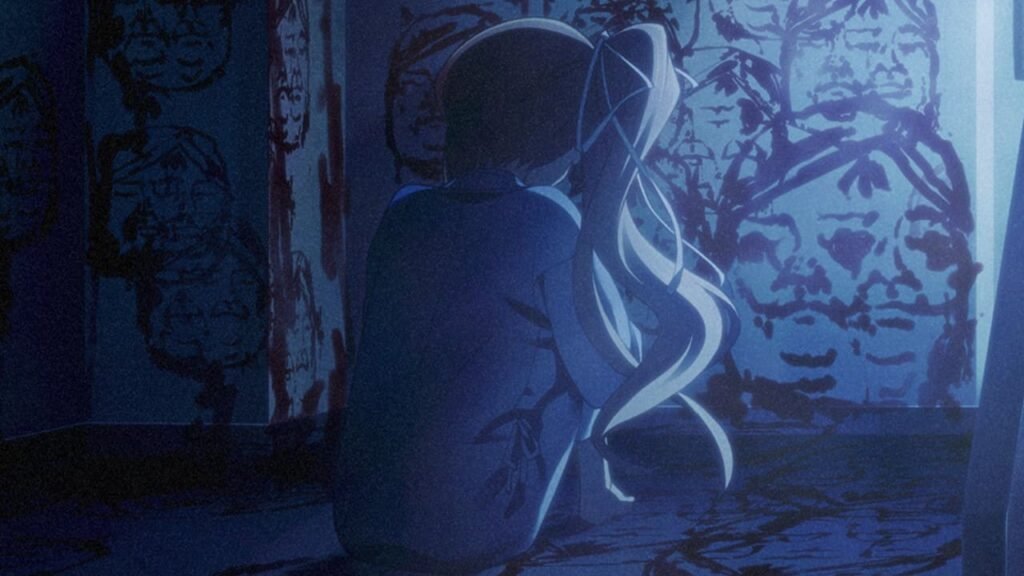 Graphic scene in Chaos;Child showing a barefoot girl sitting on the floor, covered in blood, facing a wall with bloody images painted on it.