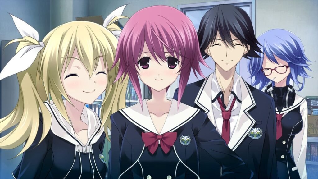 Serika, Kana, Taku, and Hinae smiling together in class in Chaos;Child.