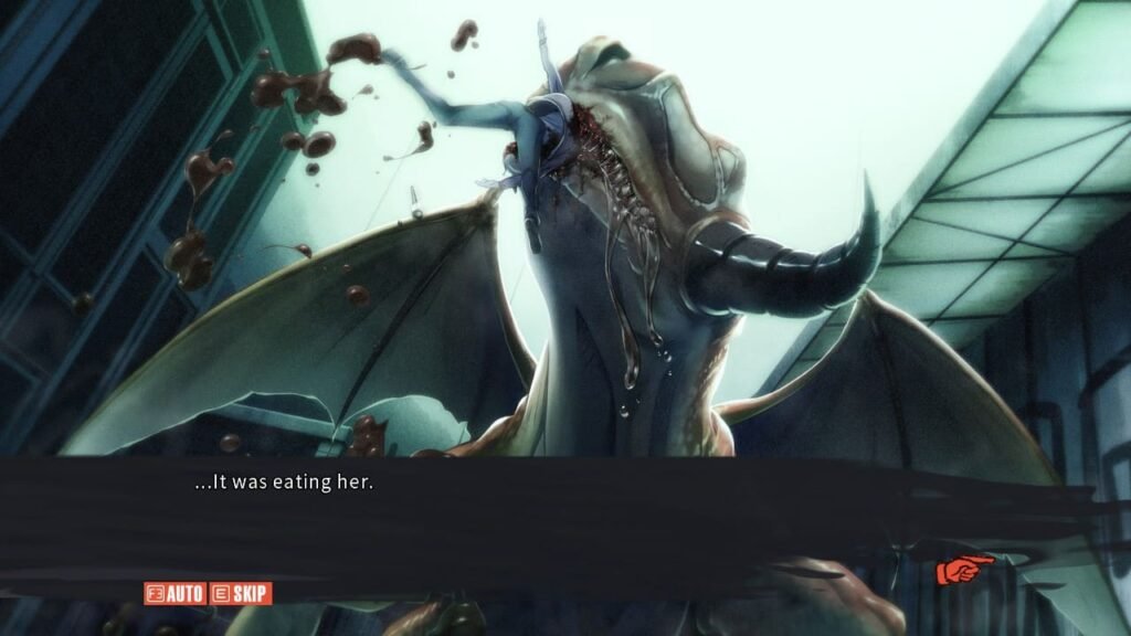Graphic CG in Chaos;Child showing a large dragon-like creature consuming a person with the text “... It was eating her.”