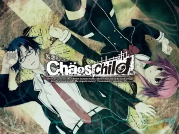 Takaru and Serika lying in opposite directions with the Chaos;Child logo and the quote “If you are god, and the delusion becomes reality…”