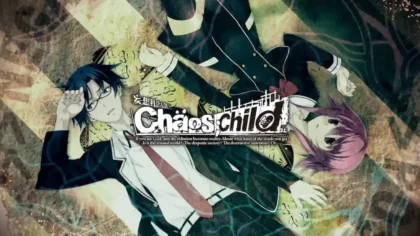 Takaru and Serika lying in opposite directions with the Chaos;Child logo and the quote “If you are god, and the delusion becomes reality…”