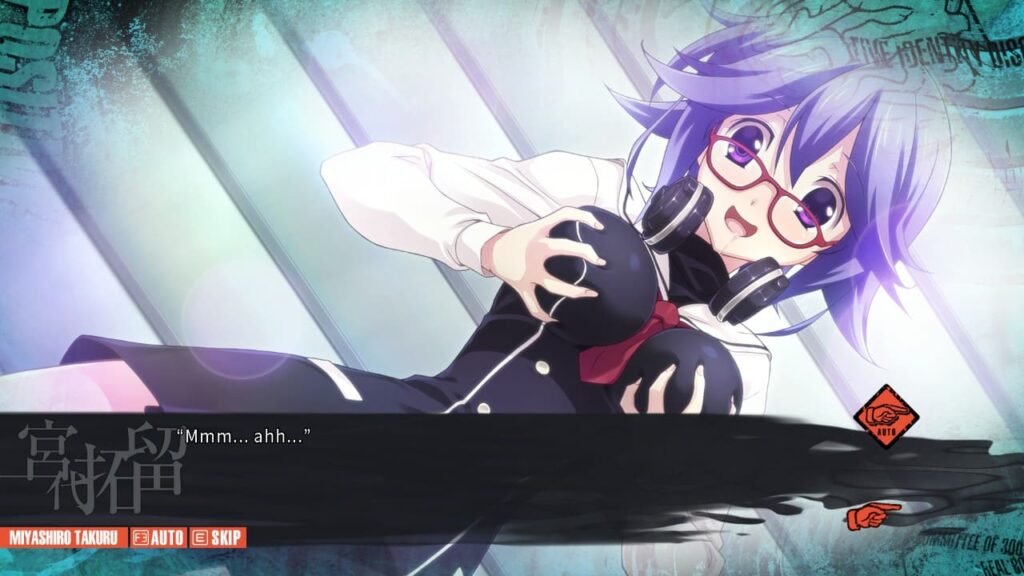 Kana in a positive delusion scene touching her chest, expressing “mmm… ahh” in Chaos;Child.