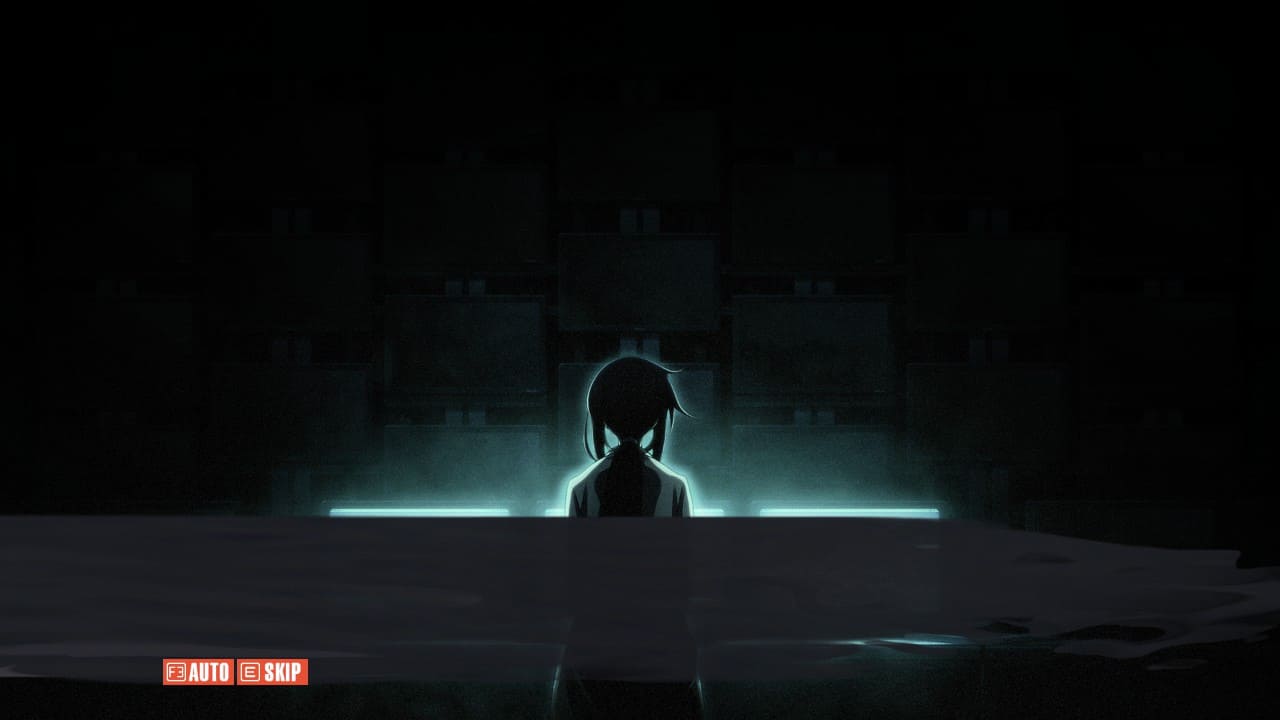 Mio illuminated by blue computer glow in a dark room, highlighting her figure in Chaos;Child.