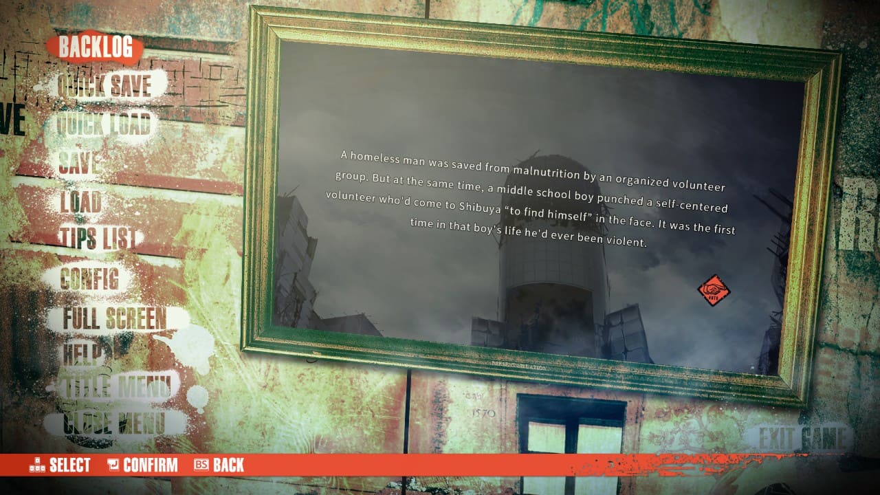 Pause menu with options and cutscene displayed in a picture frame on the right in Chaos;Child.