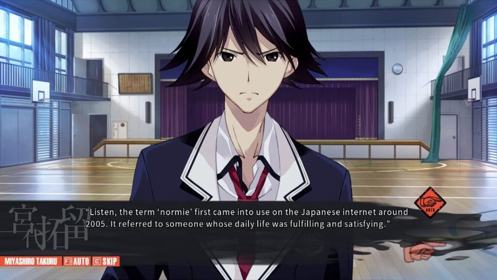 Takuru in the school gym explaining the term “normie” to Shinji Ito in Chaos;Child, referencing its 2005 internet origins.
