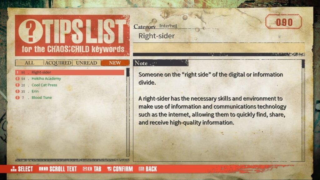 Tips list defining “right-sider” in Chaos;Child, explaining digital information access.