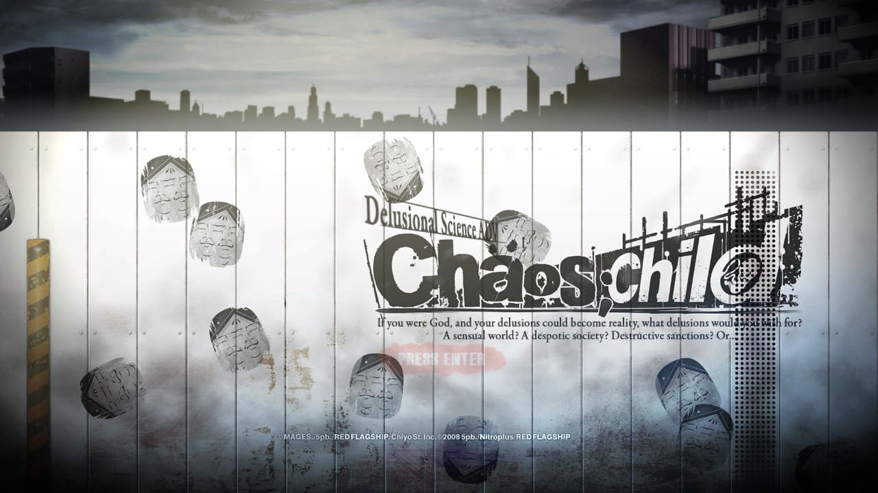 Chaos;Child title screen showing sumo stickers on a fence, with the “If you are god…” quote, game logo, and “Press Enter” prompt.