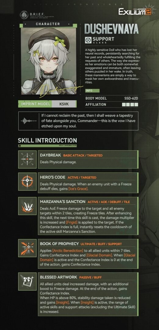 Dushevnaya support character profile and skill overview screen from Girls' Frontline 2 Exilium
