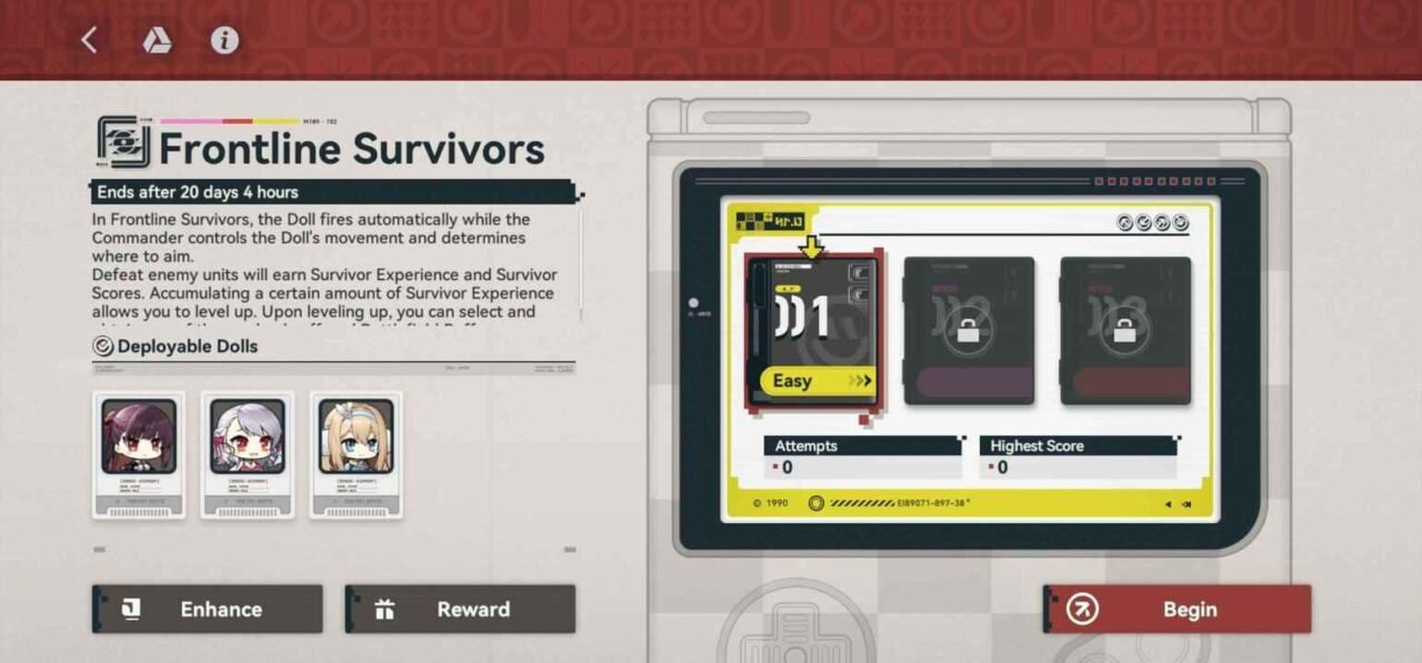 Frontline Survivors mode interface screen in Girls' Frontline 2 Exilium showing stage selection and difficulty