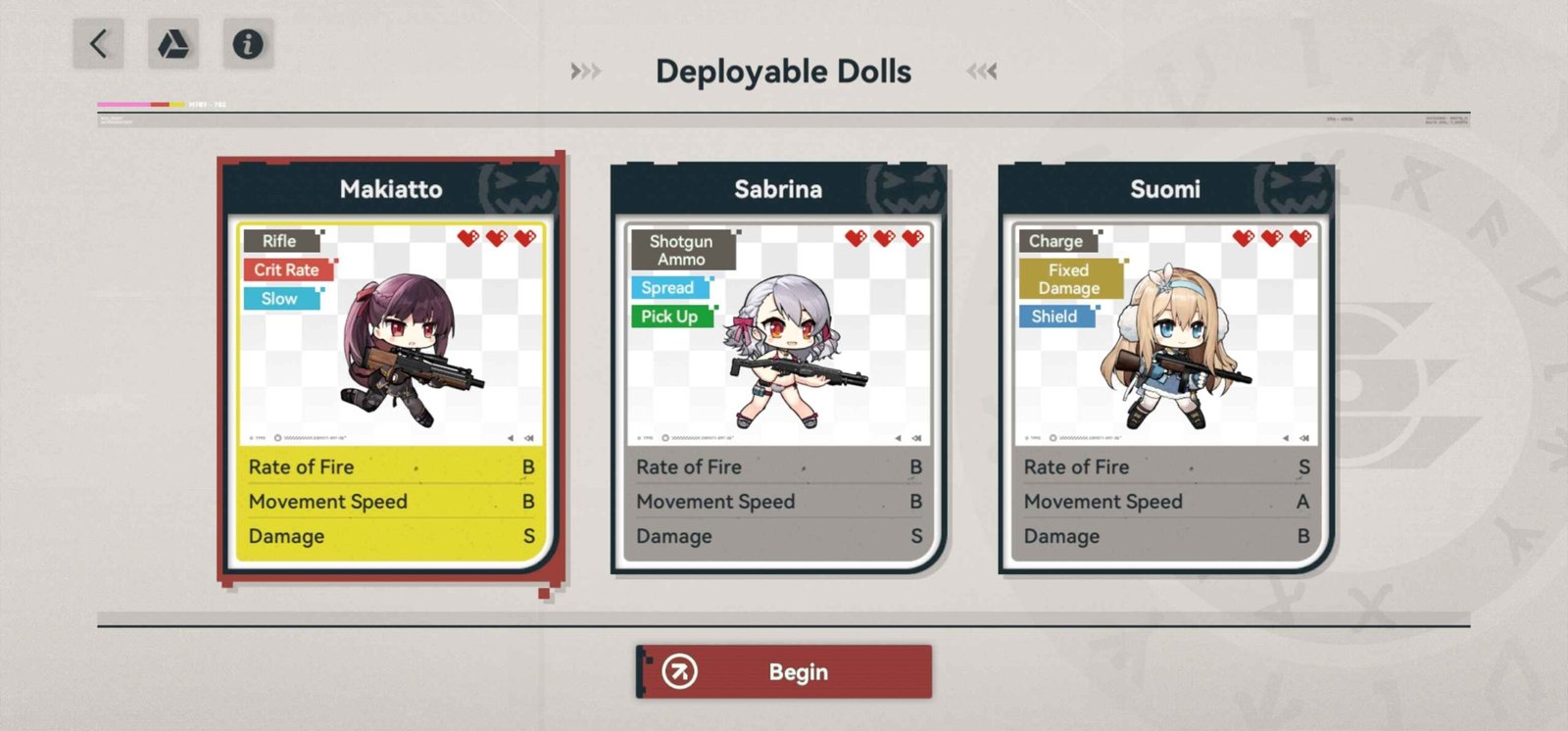 Deployable Dolls selection screen showing Makiatto, Sabrina, and Suomi in Girls' Frontline 2 Exilium
