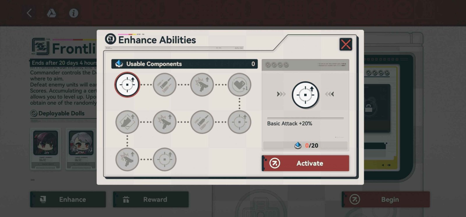 Enhance Abilities upgrade tree screen in Girls' Frontline 2 Exilium showing basic attack upgrades